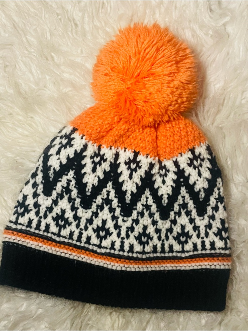 Kids Orange & Black Patterned Pom Beanie